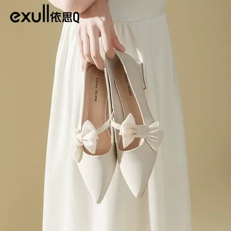 依思q鞋子小香风2024新款秋晚晚风温柔鞋浅口粗跟单鞋蝴蝶结女鞋商品大图