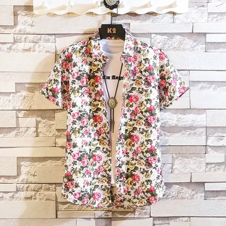 短袖衬衫男士2023春夏韩版时尚印花修身休闲发型师碎花半袖衬衣潮商品大图