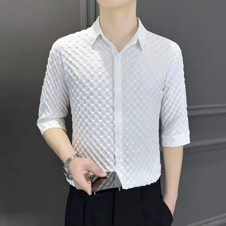 高级感华夫格短袖衬衫男潮流修身半袖衬衣夏季潮牌痞帅休闲夏装商品大图