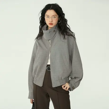 omont蛋挞家 格子短款小个子外套女春季新款复古设计感夹克上衣商品大图