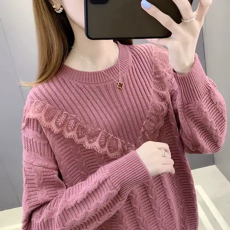 女士毛衣女2021年新款爆款时尚洋气加厚蕾丝流行打底衫女春秋冬季图片