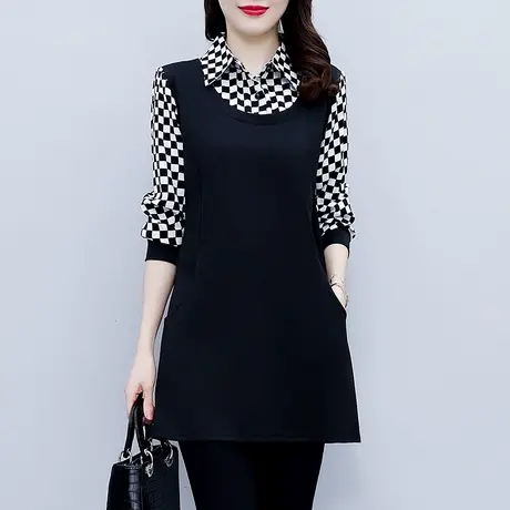 秋冬加绒中长款打底衫女2023新款假两件上衣长袖t恤大码胖mm遮肚商品大图