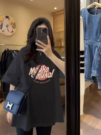 深灰色纯棉短袖t恤女中长款洋气印花2023夏季新款欧货大码宽松ins商品大图