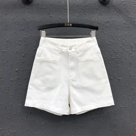 原创纯色直插口袋设计牛仔短裤女2023夏季新款弹力高腰显瘦阔腿裤图片