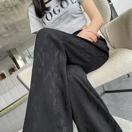 黑色冰丝阔腿裤女夏季2023年薄款高腰垂感窄版显瘦印花休闲拖地裤商品大图