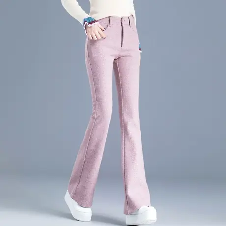 毛呢裤子女秋冬季加厚粉色格子呢子裤直筒微喇裤女长裤阔腿喇叭裤商品大图
