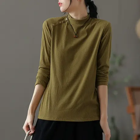 dza宽松显瘦半高领薄条绒长袖t恤女士秋冬新款内搭洋气上衣打底衫商品大图