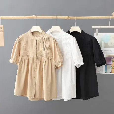 夏装新款设计感小众短袖衬衫女装宽松纯色百搭休闲衬衣洋气娃娃衫商品大图