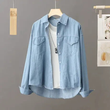 前短后长牛仔衬衫女长袖春秋设计感小众短款衬衣外套叠穿上衣开衫图片