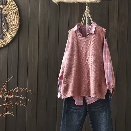 枫谜2020年秋季新款文艺简约菱形针织马夹女宽松针织开叉毛衣坎肩图片