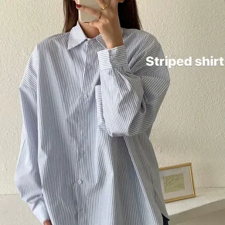 条纹衬衫女春装2022新款宽松韩版设计感小众法式长袖别致上衣外穿图片