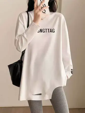 韩版半高领德绒打底衫白色中长款秋冬内搭宽松纯棉下摆破洞长袖t图片