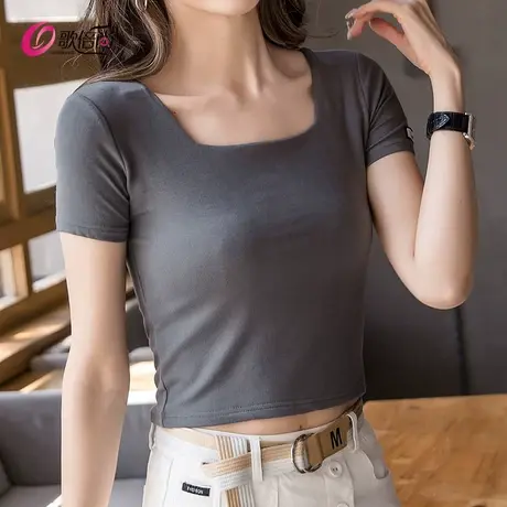 莫代尔方领t恤女短袖2022夏季新款低领短款体恤内搭露脐性感上衣图片