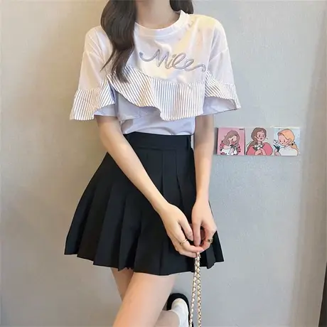 ins超火荷叶边短袖T恤女2022年新款夏装ins潮宽松小众设计感上衣商品大图