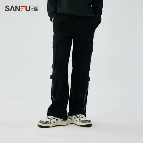 三福2023冬男士不对称工装口袋牛仔裤 潮流宽松直筒长裤476198商品大图