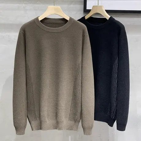 撞色条纹提花圆领黑色毛衣男2023秋冬新款宽松百搭针织衫商品大图