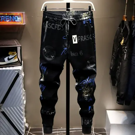 春夏款灯芯绒男士休闲裤印花裤子男百搭运动裤韩版潮流条绒裤潮牌商品大图