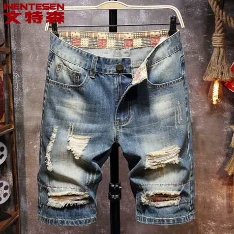 2023夏季新款个性破洞乞丐牛仔裤男韩版潮流休闲百搭五分裤子男士商品大图
