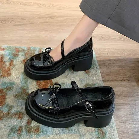 玛丽珍鞋女夏季2023年新款蝴蝶结温柔小众单鞋法式粗跟高跟小皮鞋商品大图