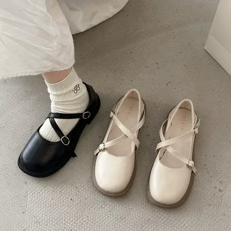 玛丽珍鞋女2023年春新款时尚方跟一字扣厚底粗跟方头配裙子小皮鞋商品大图