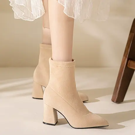 性感尖头绒面瘦瘦靴女粗跟2022年秋冬新款法式气质百搭高跟弹力靴图片