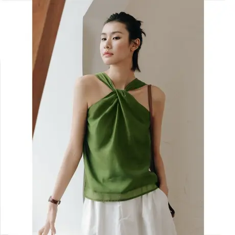 弥古复古绿色挂脖吊带背心女夏外穿内搭无袖打底裹胸上衣海边度假图片