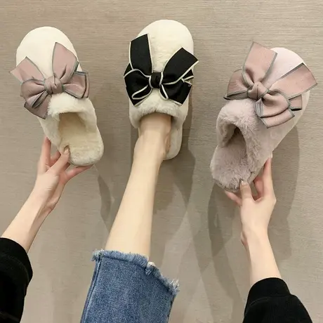 棉拖鞋女冬天可爱蝴蝶结居家用室内保暖防滑卡通毛毛绒拖鞋秋冬季图片