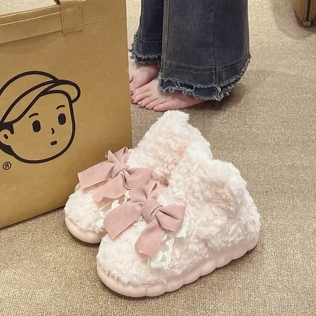 冬季棉拖鞋女外穿时尚蝴蝶结雪地靴室内家居包跟厚底毛绒保暖棉鞋商品大图