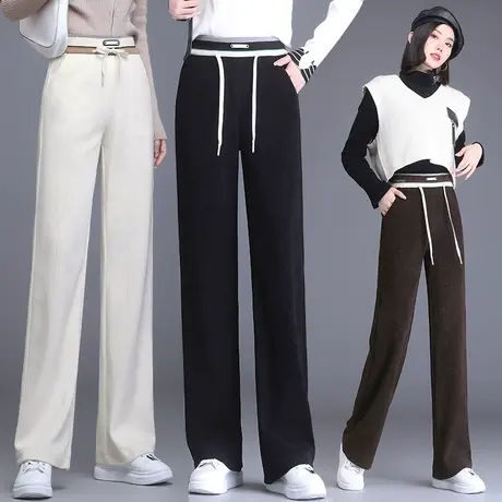 加绒雪尼尔阔腿裤女秋冬2023新款条绒休闲裤高腰垂感宽松直筒裤子商品大图