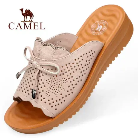 Camel/骆驼夏季软底舒适网眼孔透气真头层牛皮中跟外穿女凉拖鞋子图片