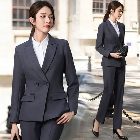 策蔓职业西装套装女灰色小西装外套双排扣气质西服春秋工作服正装图片