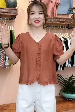 2023夏季新款设计感工艺拼接衬衣短袖V领宽松显瘦时尚百搭衬衫女商品大图