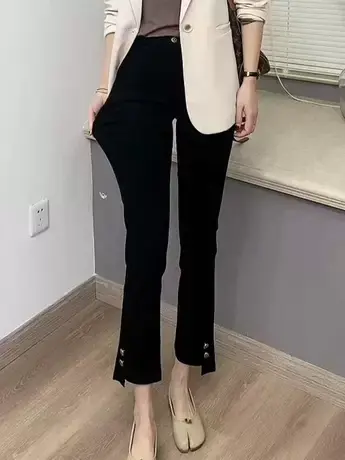 2023春夏新款烟管裤女高腰弹力修身小直筒裤黑色小个子九分裤子潮商品大图