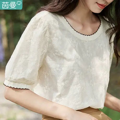 茵曼衬衫2024新款女夏款纯棉外穿衬衣女式短袖正肩夏季设计感小众商品大图