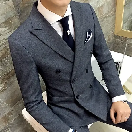 职业正装男双排扣西服三件套潮流痞帅英伦风修身西装外套新郎礼服商品大图