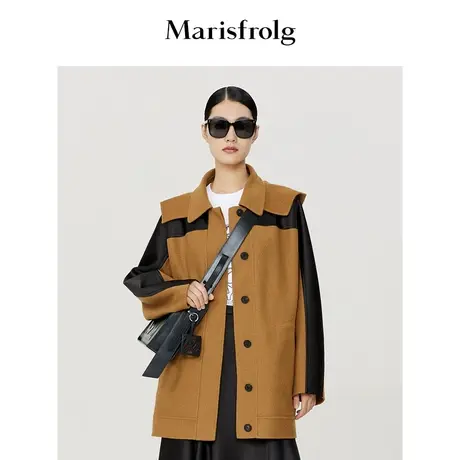 【双面呢大衣】玛丝菲尔冬季驼色连帽拼接撞色茧型毛呢外套商品大图