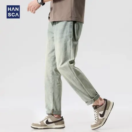hansca后袋云纹设计直筒牛仔裤男2025年春季复古潮牌水洗做旧裤子图片
