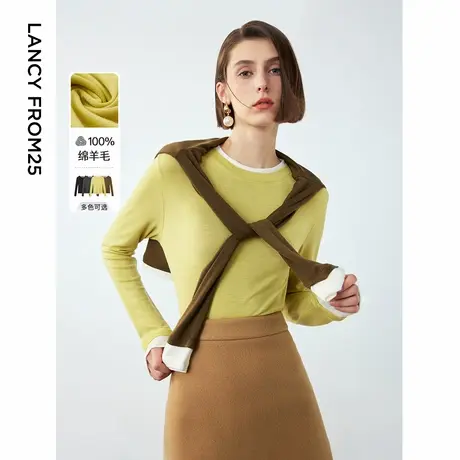 【明星同款】朗姿纯羊毛气质高级感撞色修身上衣女2024冬新款T恤图片
