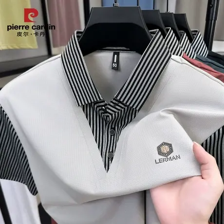 皮尔卡丹短袖t恤男士假两件套衬衫领冰丝凉感滑料上衣中年爸爸装商品大图