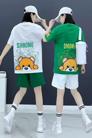 小熊印花短袖t恤女垂感五分裤两件套韩版宽松大版上衣短裤套装潮图片