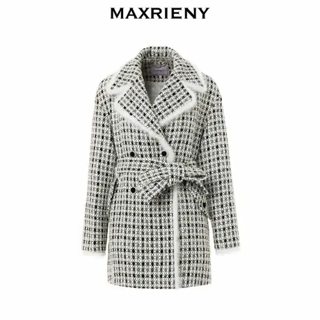 【奥莱】MAXRIENY复古黑白格纹大衣中长款肌理感小香风外套商品大图
