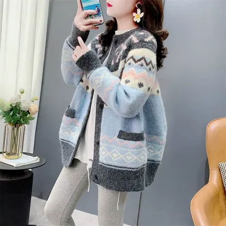 复古提花费尔岛毛衣开衫女秋冬2024新款宽松慵懒加厚针织外套上衣商品大图