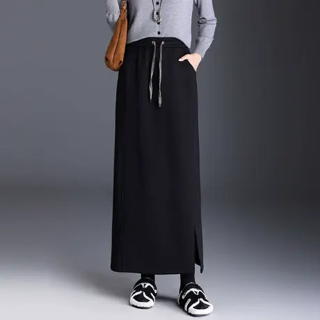 2025秋季新款松紧腰开叉直筒长裙半身裙子女高腰显瘦休闲裙一步裙商品大图