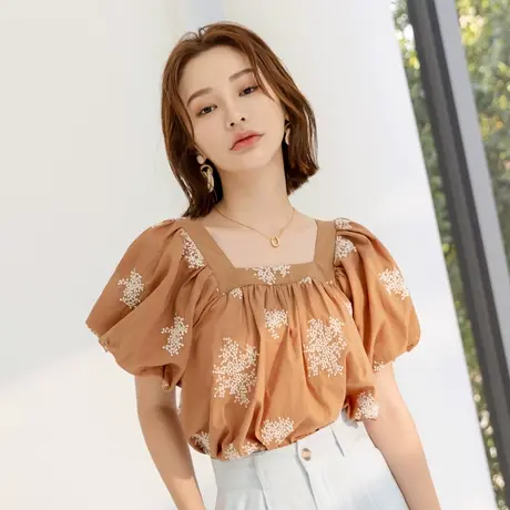 桔熊夏复古气质方领绣花小衫泡泡袖短款上衣女胖妹妹大码AB18949图片