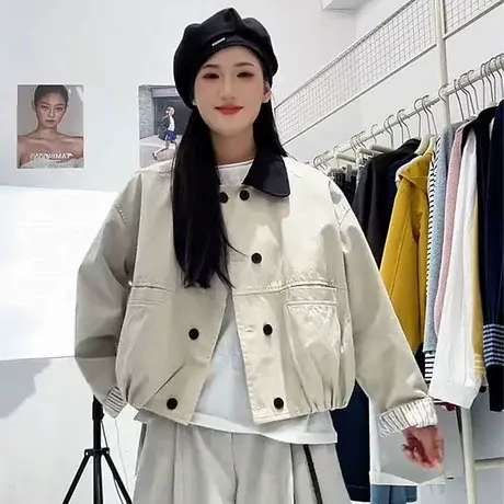韩系翻领短款风衣外套女2025秋款时尚百搭小个子短款双排扣上衣潮商品大图