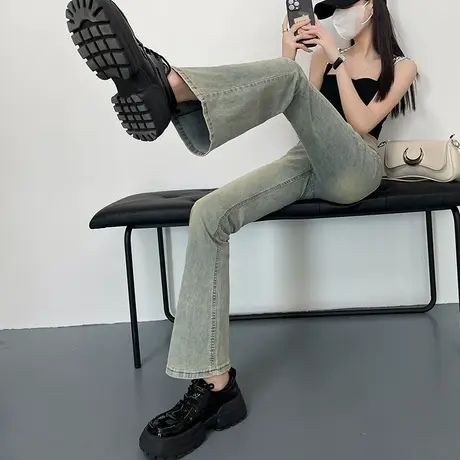微喇牛仔裤女2023年春秋新款高腰修身复古显瘦泥黄色做旧喇叭长裤商品大图