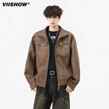 VIISHOW美式复古立领皮衣外套男2025新款秋季宽松休闲皮夹克上衣商品大图