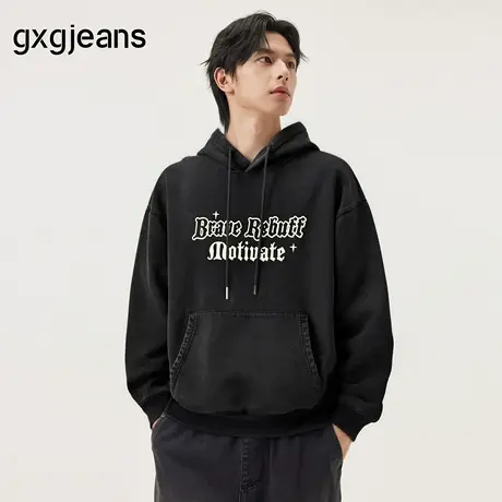 gxg.jeans男装 深灰色字母印花复古宽松连帽卫衣男士 25年冬热卖图片