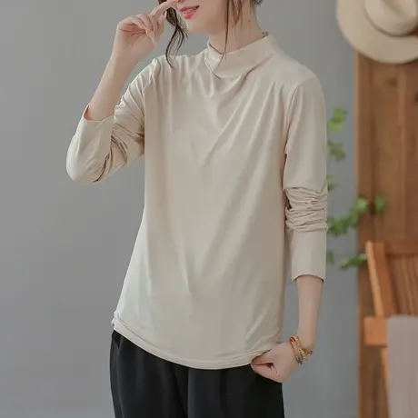 dza 复古纯色高领长袖T恤女春秋休闲内搭上衣宽松弹力叠穿打底衫商品大图