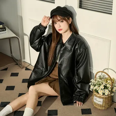 唐狮春季新款小个子PU皮衣女美式复古秋冬翻领机车夹克外套商品大图